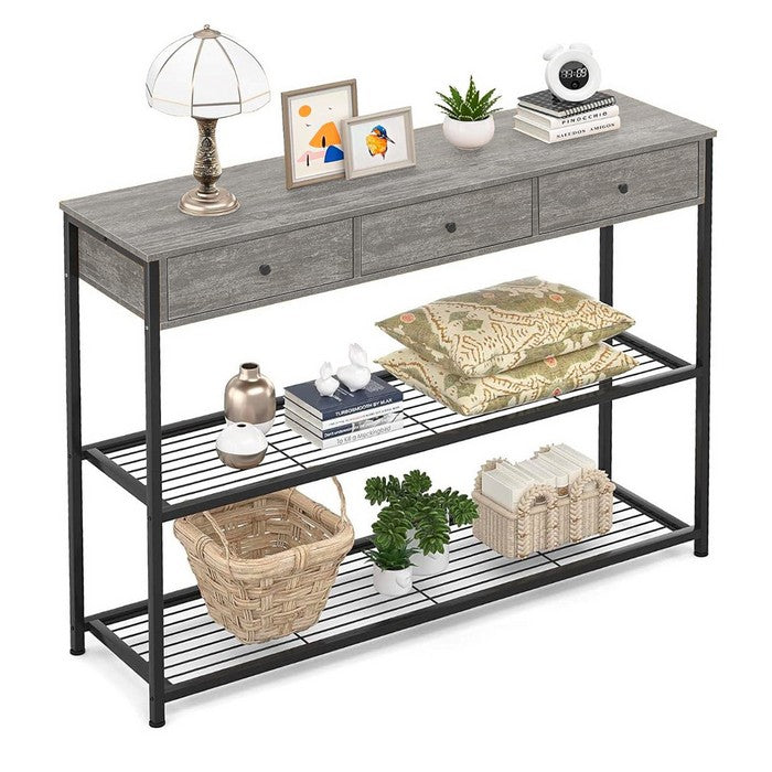 Console industrial con 3 cassetti e ripiani in metallo e legno