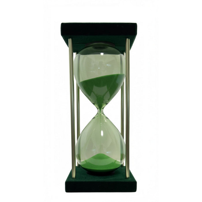 Clessidra in vetro con struttura in metallo e velluto