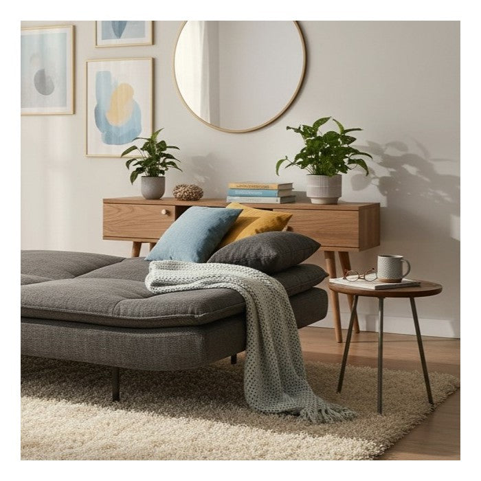 Divano letto in tessuto con gambe nere e cuscini - Vittoria