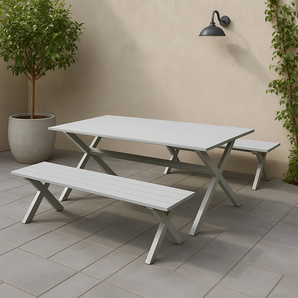 Tavolo pic-nic da giardino con panche in alluminio bianco - Eros