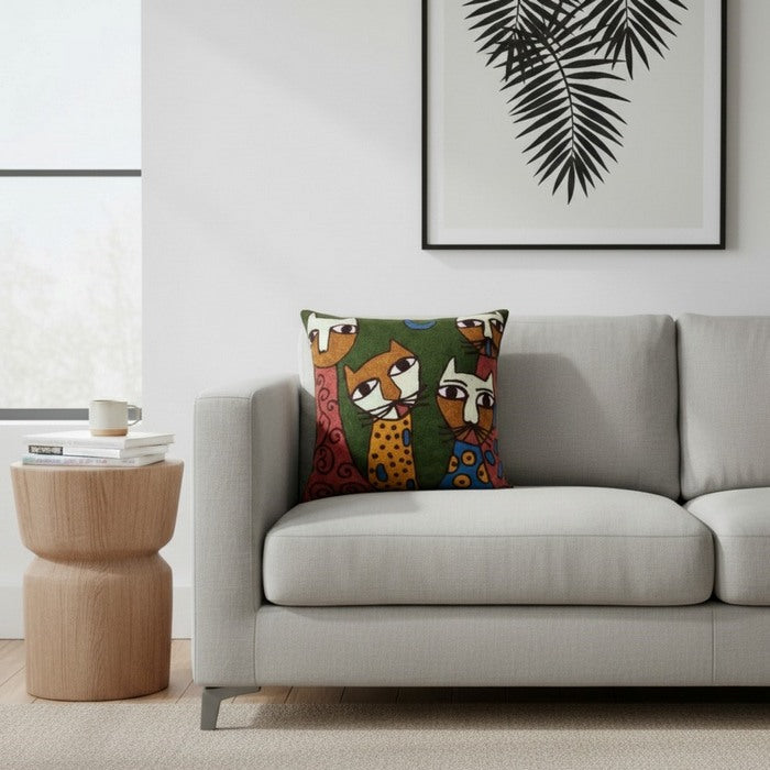 Cuscino in lana acrilica con ricamo gatti 45x45 cm