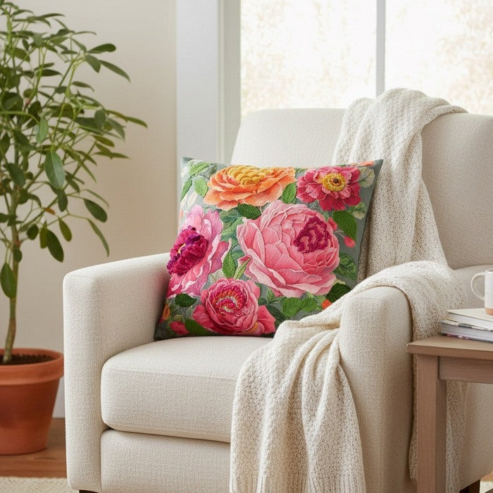 Cuscino in velluto con ricami in rilievo 45x45 cm - Fiori rosa