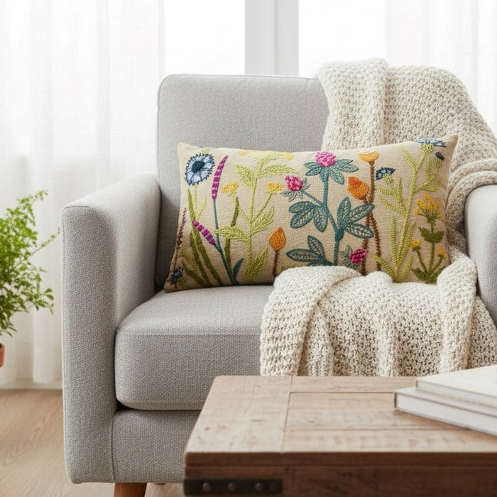 Cuscino in cotone con ricami in rilievo 30x50 cm - Fiori