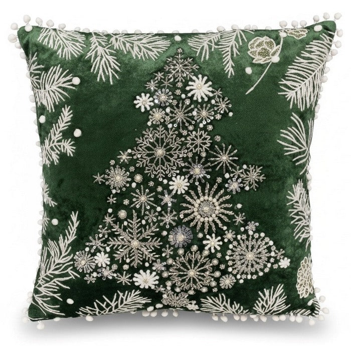 Cuscino in cotone con ricami e decorazioni in rilievo 45x45 cm - Albero natale bianco