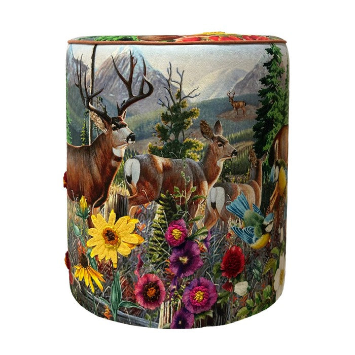 Pouf rotondo in velluto con alce e fiori 40 cm