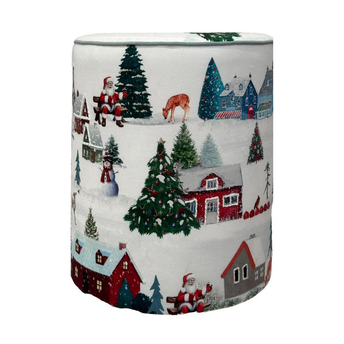Pouf natalizio rotondo in velluto con paesaggio innevato 40 cm