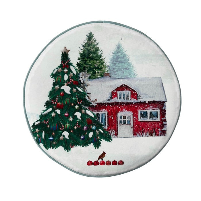 Pouf natalizio rotondo in velluto con paesaggio innevato 40 cm