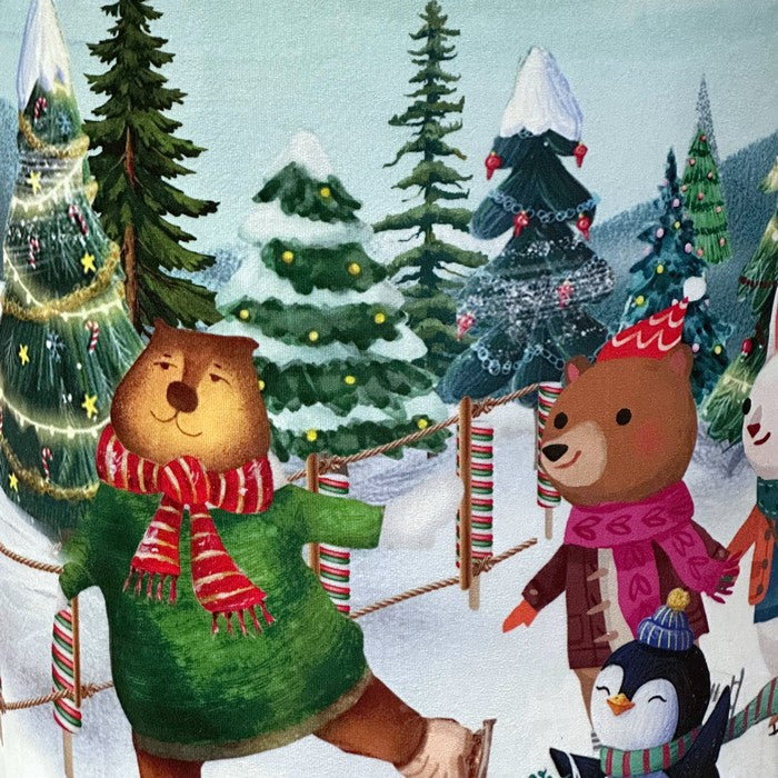 Pouf natalizio rotondo in velluto con personaggi su pattini 40 cm