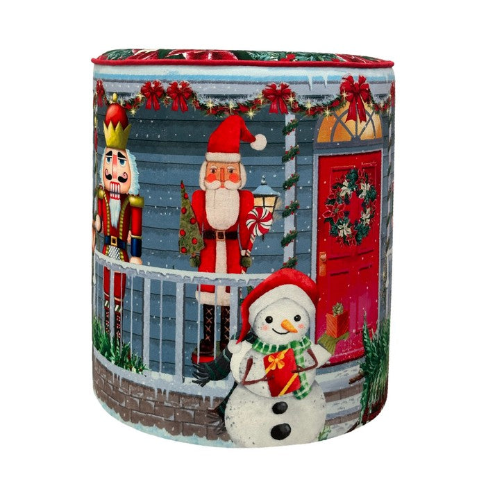 Pouf natalizio rotondo in velluto con casa Babbo Natale 40 cm