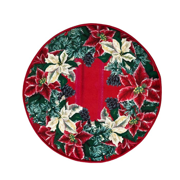 Pouf natalizio rotondo in velluto con casa Babbo Natale 40 cm