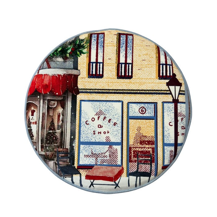 Pouf natalizio rotondo in velluto con città innevata 40 cm