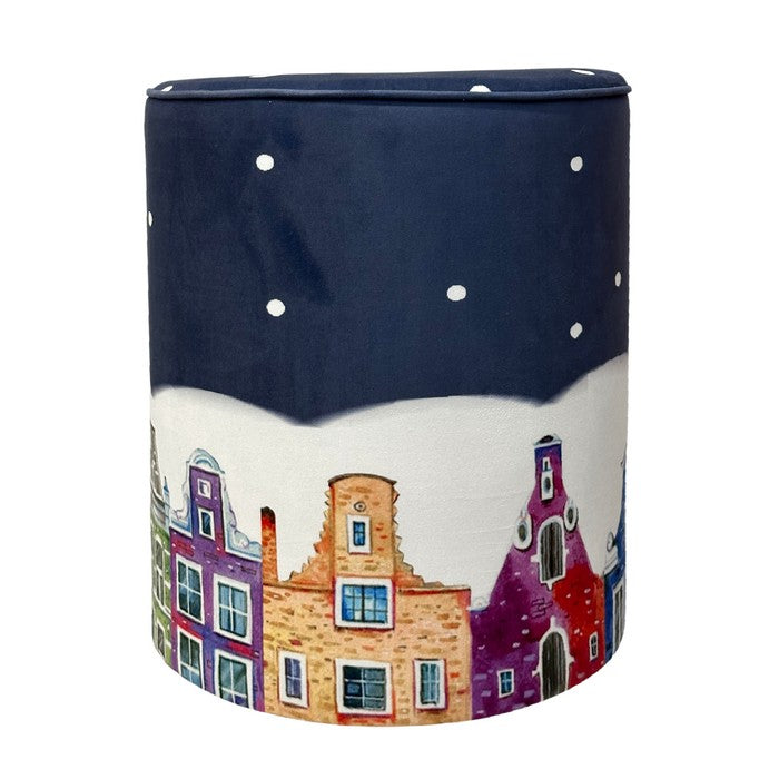 Pouf natalizio rotondo in velluto con città di notte 40 cm