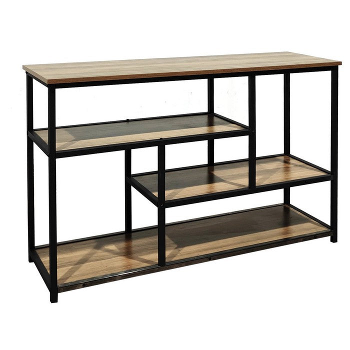 Scaffale basso industrial con ripiani sfalsati in metallo e legno