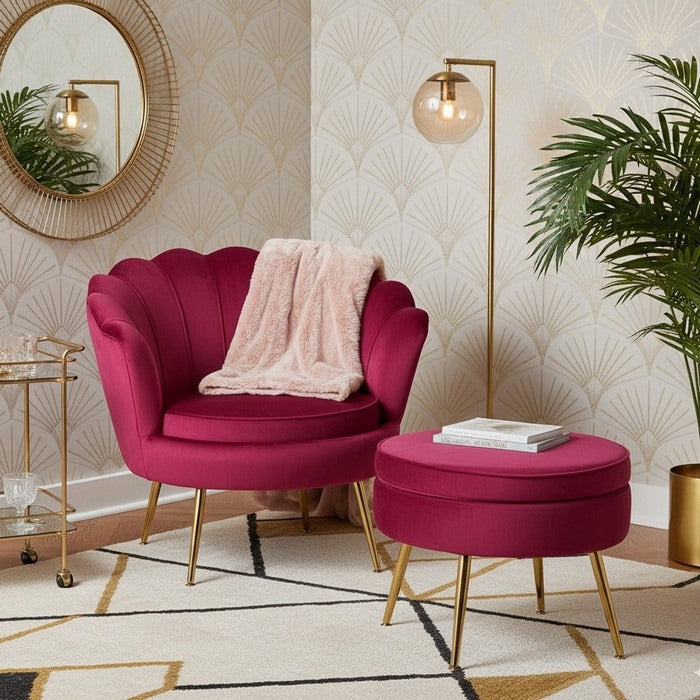 Set poltrona e pouf in velluto con gambe in metallo cromato oro