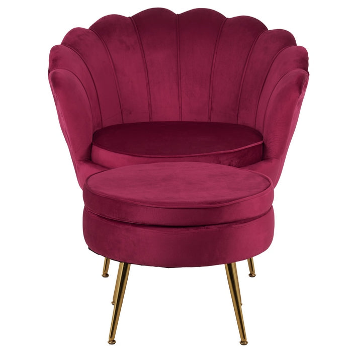 Set poltrona e pouf in velluto con gambe in metallo cromato oro