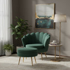 Set poltrona e pouf in velluto con gambe in metallo cromato oro