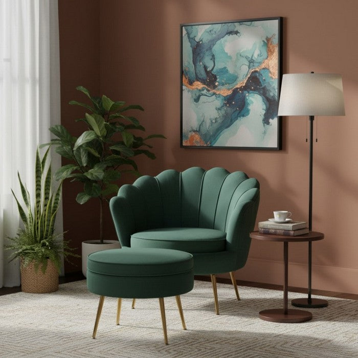 Set poltrona e pouf in velluto con gambe in metallo cromato oro