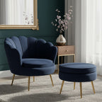 Set poltrona e pouf in velluto con gambe in metallo cromato oro