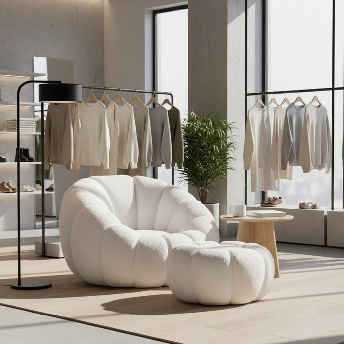 Set poltrona girevole con pouf poggiapiedi in tessuto bouclè - Nuvola